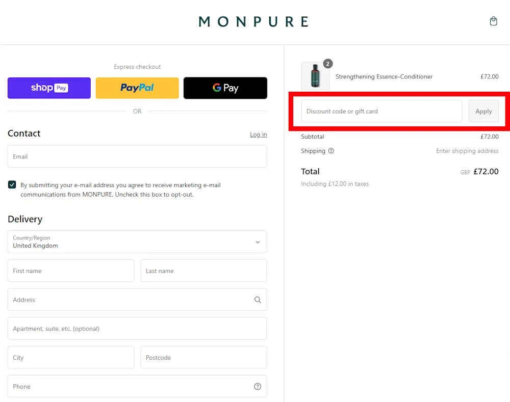 Screenshot showing where to apply a Monpure promo code during checkout on monpure.com.