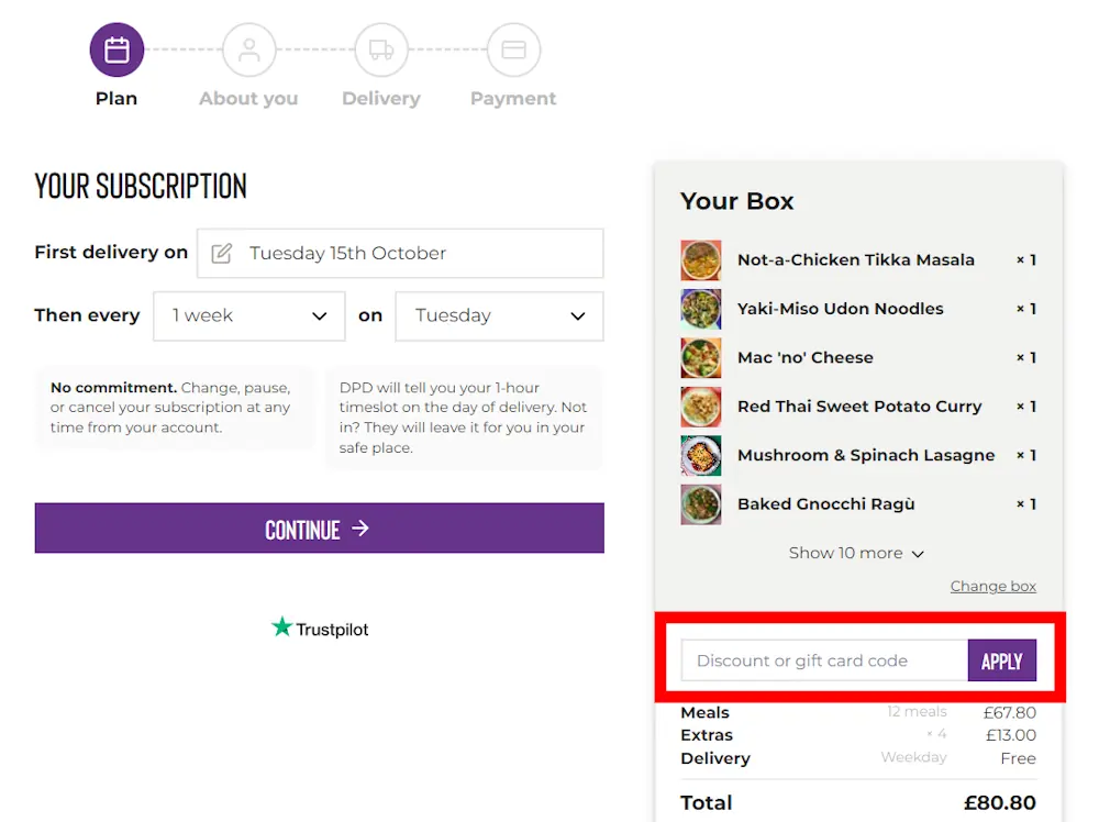 Screenshot showing where to apply a Planty promo code during checkout on planty.uk.