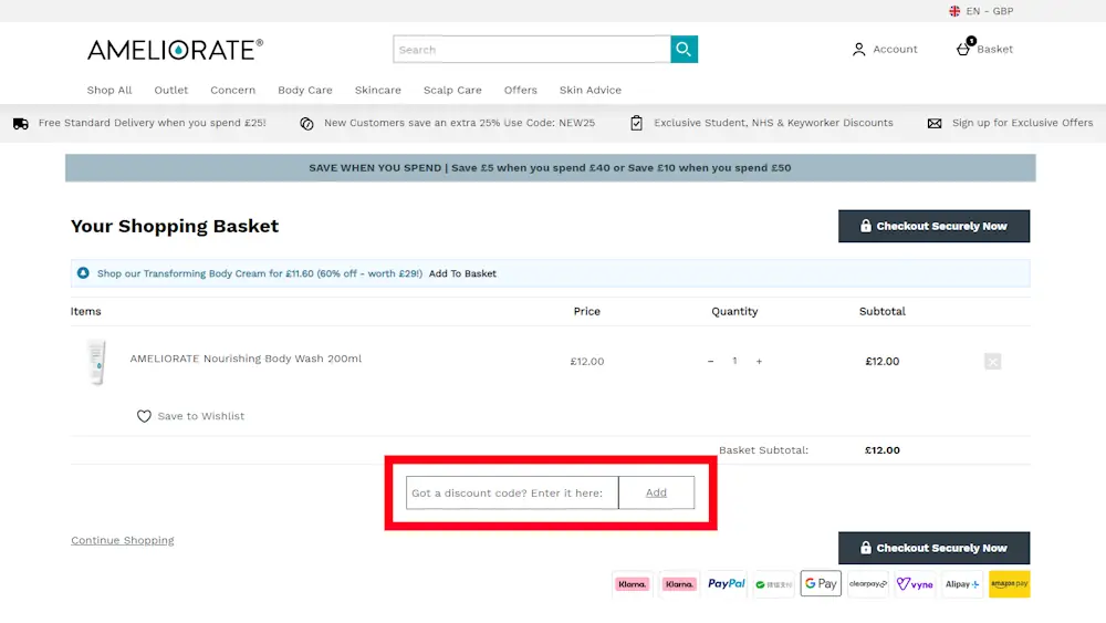 Screenshot showing where to apply a ameliorate code on www.ameliorate.com