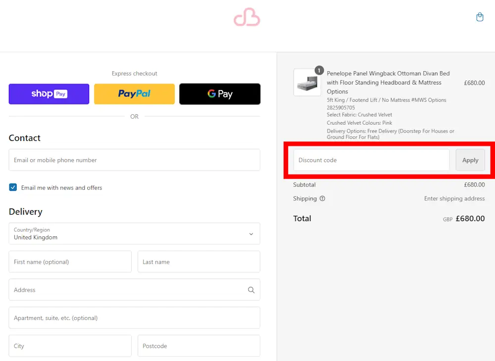 Screenshot showing where to apply a Cuddly Beds promo code during checkout on cuddlybeds.co.uk.