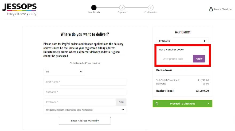 Screenshot showing where to apply a Jessops promo code during checkout on www.jessops.com.