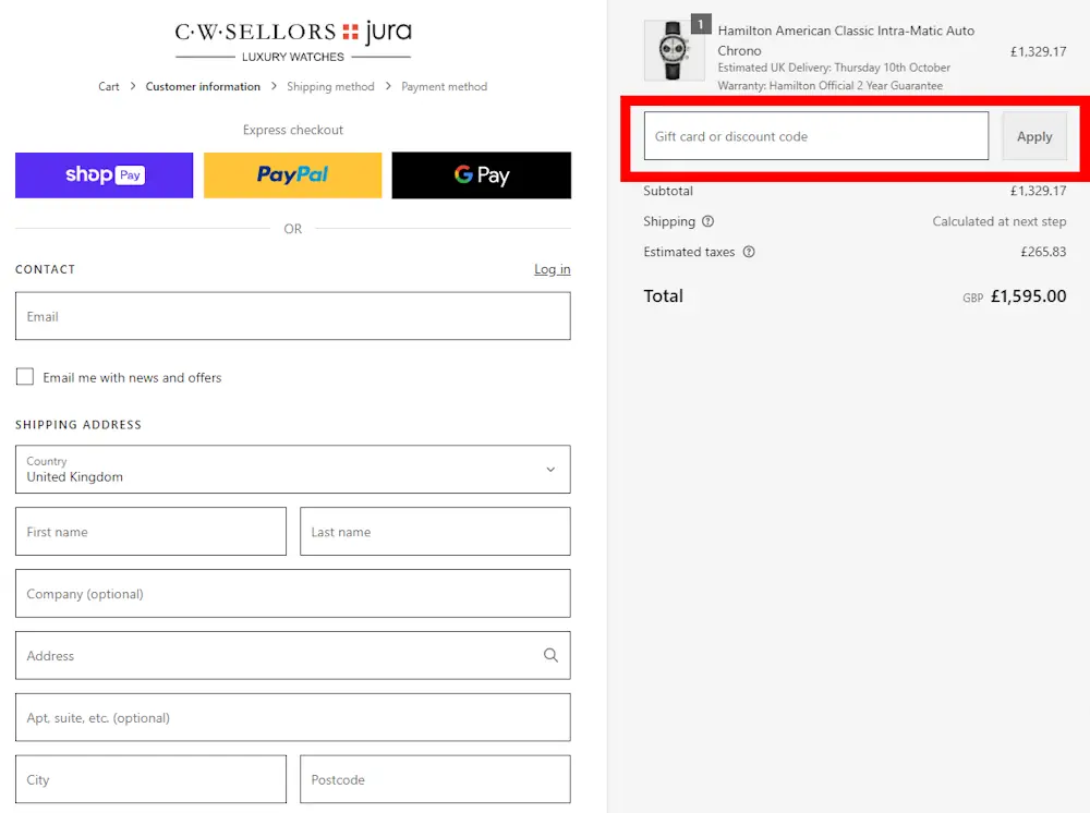 Screenshot showing where to apply a Jura Watches promo code during checkout on www.jurawatches.co.uk.