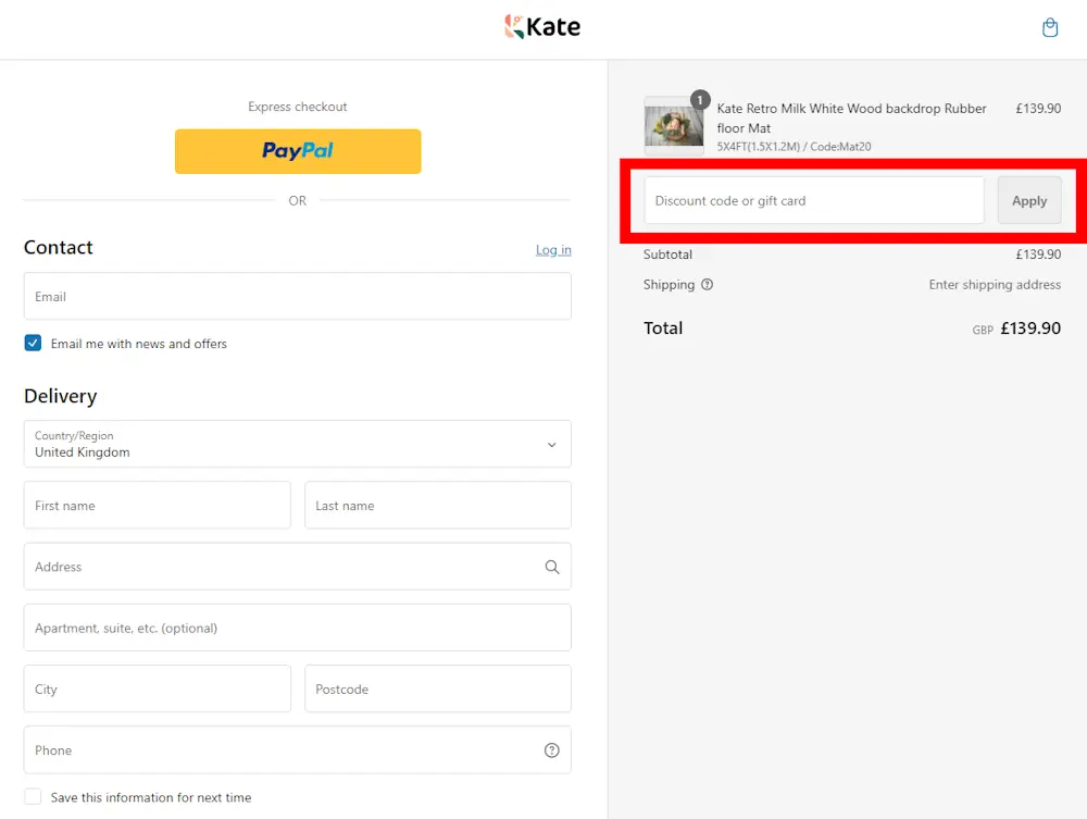 Screenshot showing where to apply a Kate Backdrop promo code during checkout on katebackdrop.co.uk.