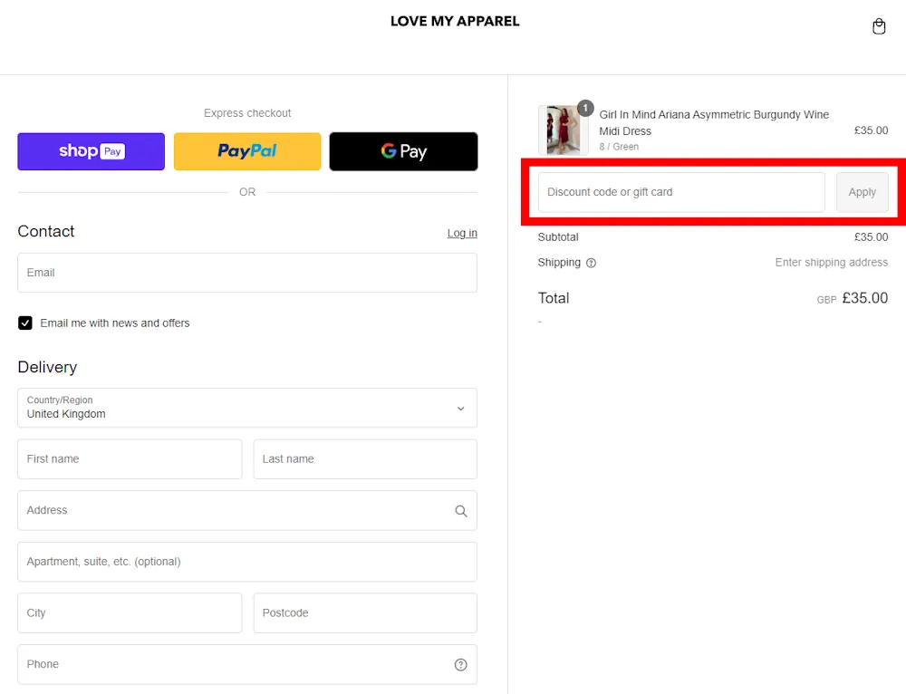 Screenshot showing where to apply a Love My Apparel promo code during checkout on lovemyapparel.com.