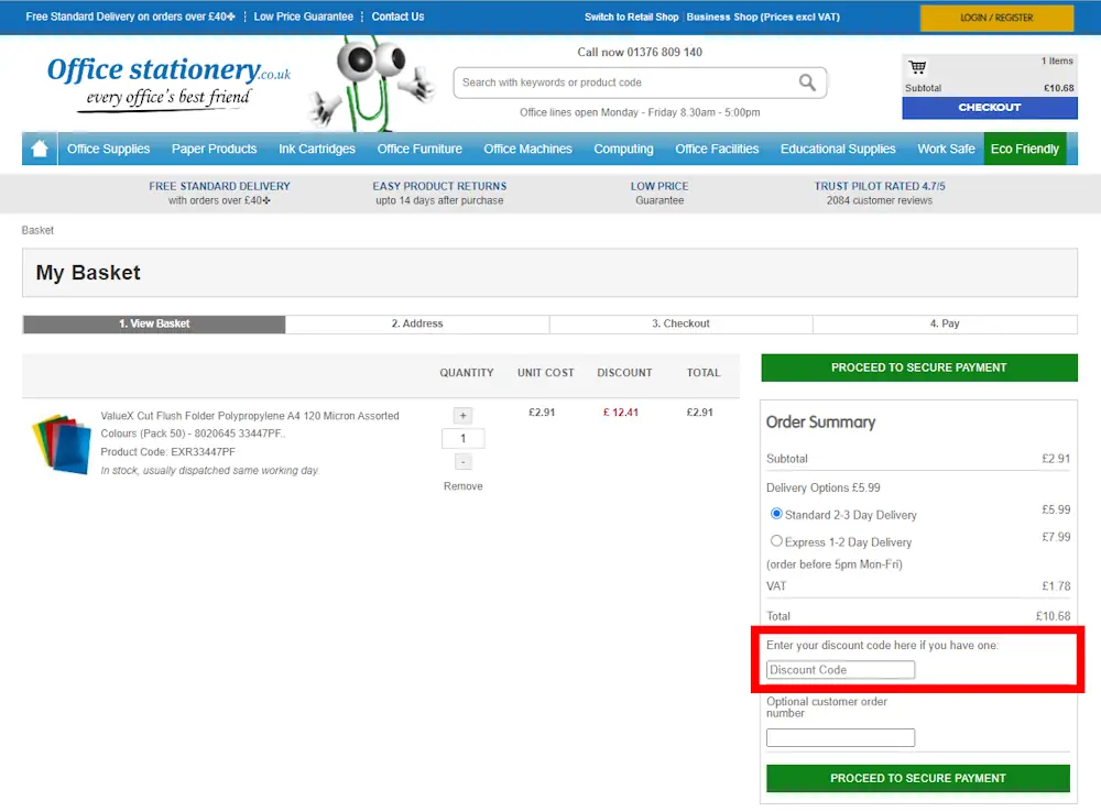 Screenshot showing where to apply a Office Stationery promo code during checkout on www.officestationery.co.uk.