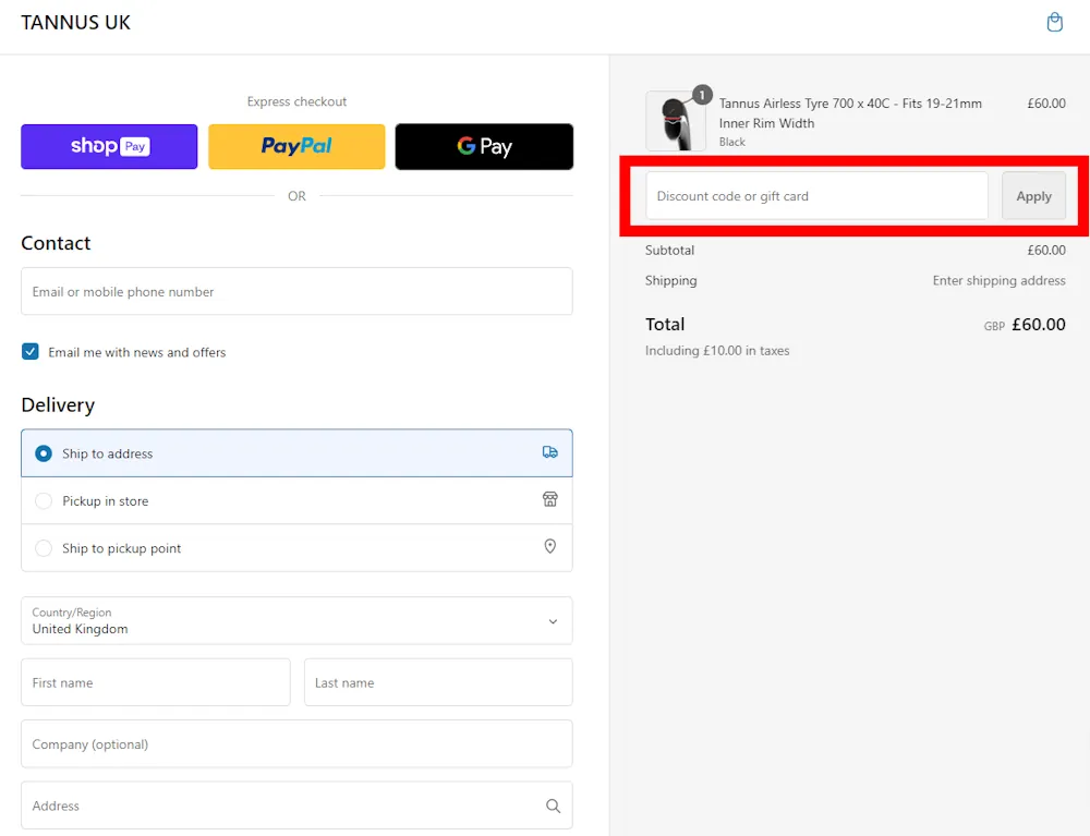 Screenshot showing where to apply a Tannus promo code during checkout on www.tannus.co.uk.