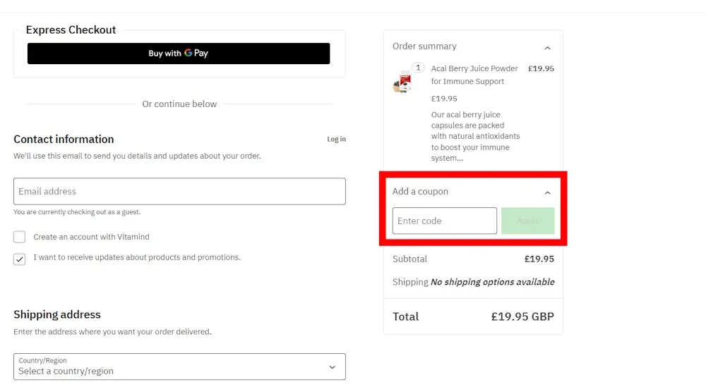 Instructions how to enter a verified discount code for Vibrant Body Mind on vitamind.uk