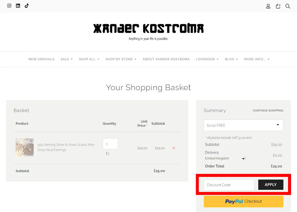 Instructions on how to enter our verified discount code for Xander Kostroma on xanderkostroma.uk