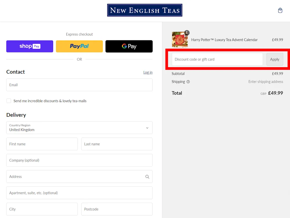 Screenshot showing where to apply a New English Teas promo code during checkout on www.newenglishteas.com.
