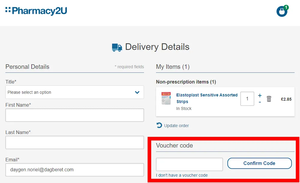 Screenshot showing where to apply a pharmacy2u promo code during checkout on www.pharmacy2u.co.uk.