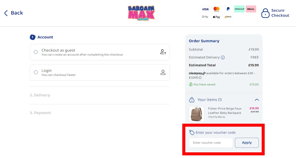 Instructions how to enter a verified discount code for bargainmax on bargainmax.co.uk.