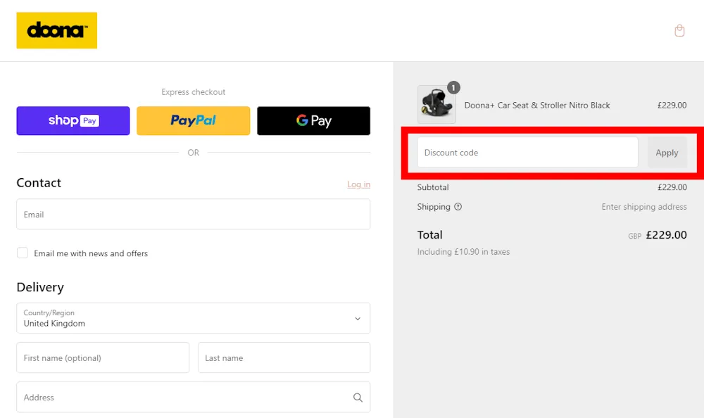 Screenshot of where to enter a doona voucher code on doona.shop