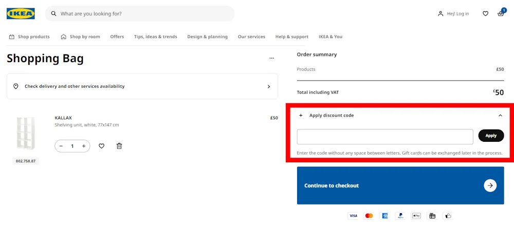 Screenshot where to enter a IKEA voucher code on www.ikea.com