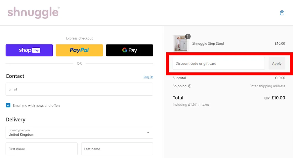 Screenshot of where to enter a shnuggle voucher code on www.shnuggle.com