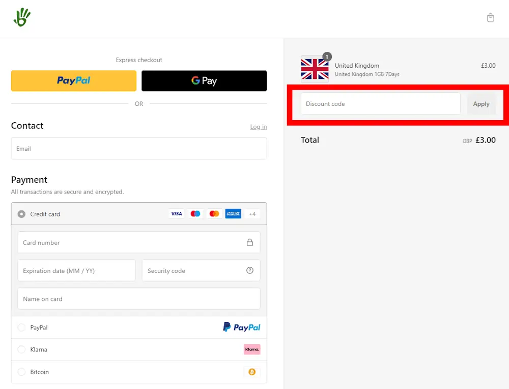 Sceenshot of where to enter a simbye voucher code on simbye.com