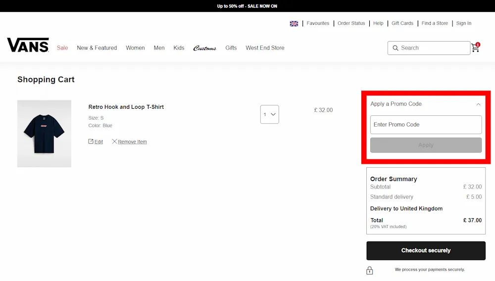 Screenshot of where to enter a Vans voucher code on www.vans.co.uk
