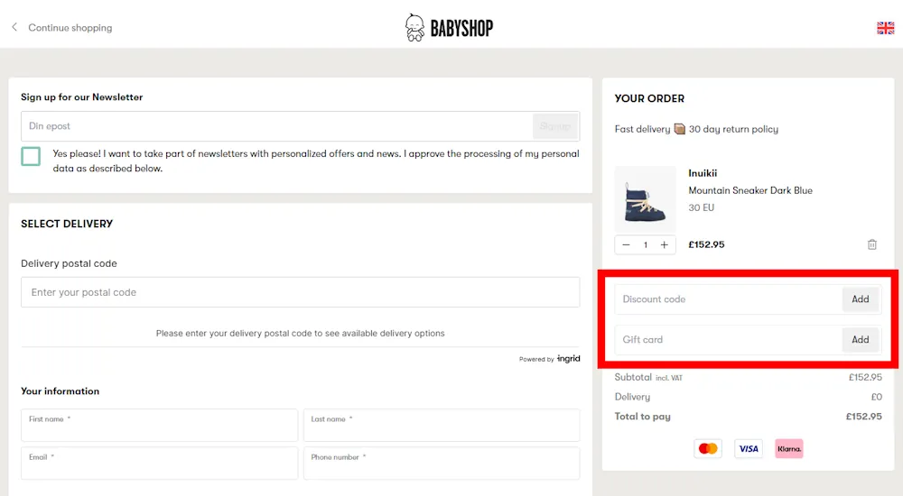 Screenshot of where to enter a Babyshop voucher code on www.babyshop.com