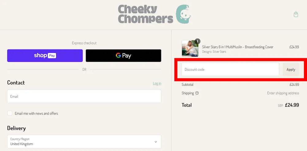 Screenshot of where to enter a Cheeky Chompers voucher code on cheekychompers.com