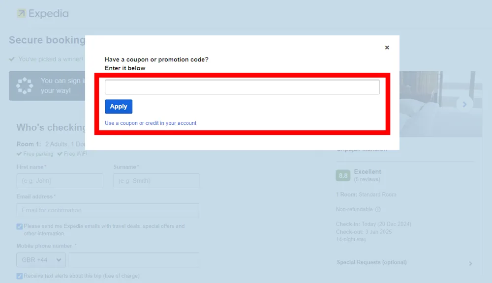 Screenshot of where to put a Expedia voucher code on www.expedia.co.uk