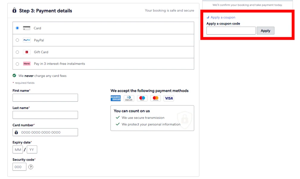 Screenshot of where to put a hotels voucher code on uk.hotels.com