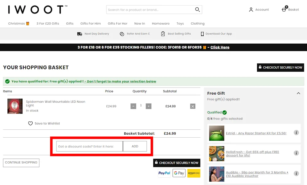 Screenshot showing where to apply a IWOOT promo code during checkout on www.iwantoneofthose.com.