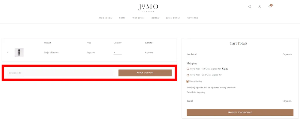 Screenshot of where to put a jomo london voucher code on jomolondon.com