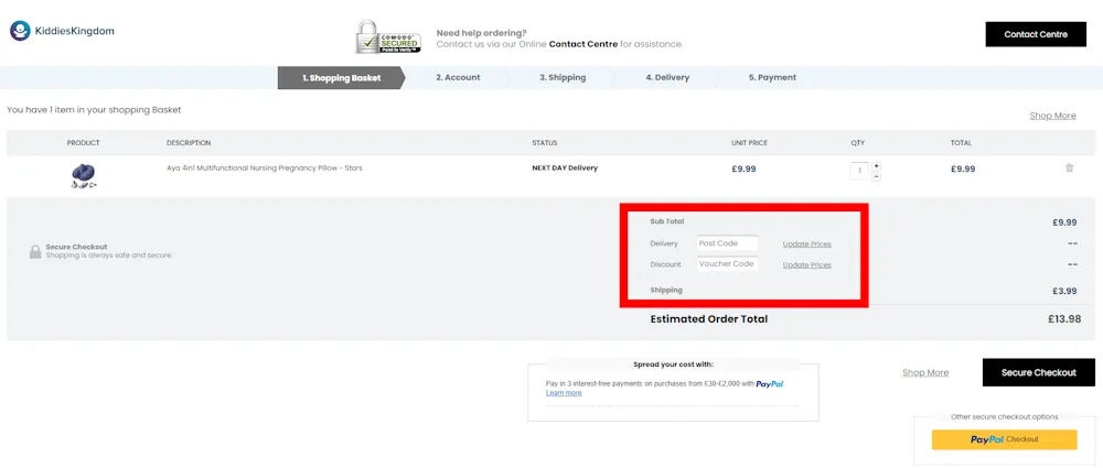 Screenshot of where to enter a Kiddies Kingdom promo code on www.kiddies-kingdom.com