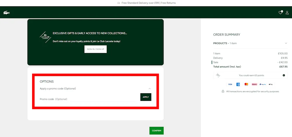 Screenshot of where to enter a lacoste voucher code on www.lacoste.com