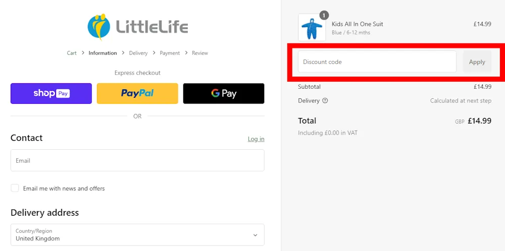 Screenshot of where to put a littlelife voucher code on www.littlelife.com