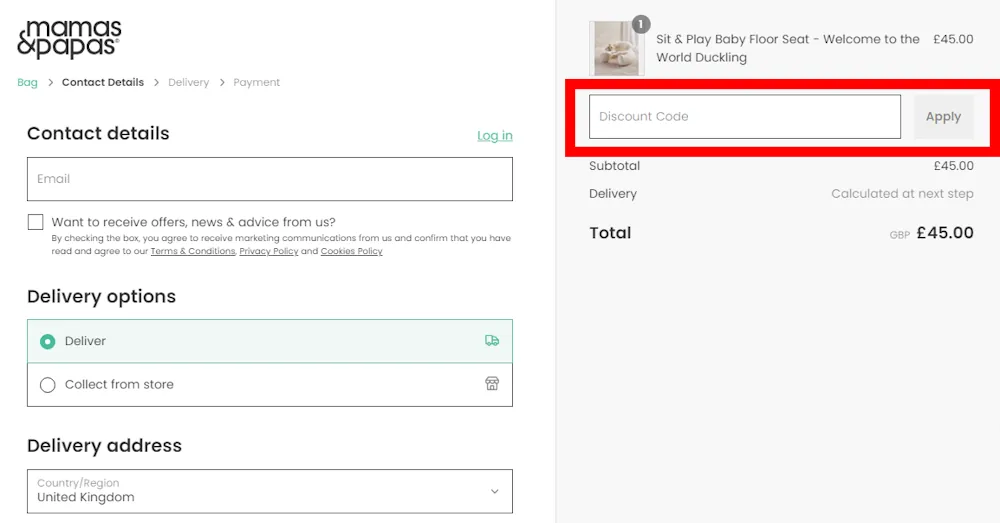 Screenshot of where to enter a Mamas & Papas voucher code on www.mamasandpapas.com