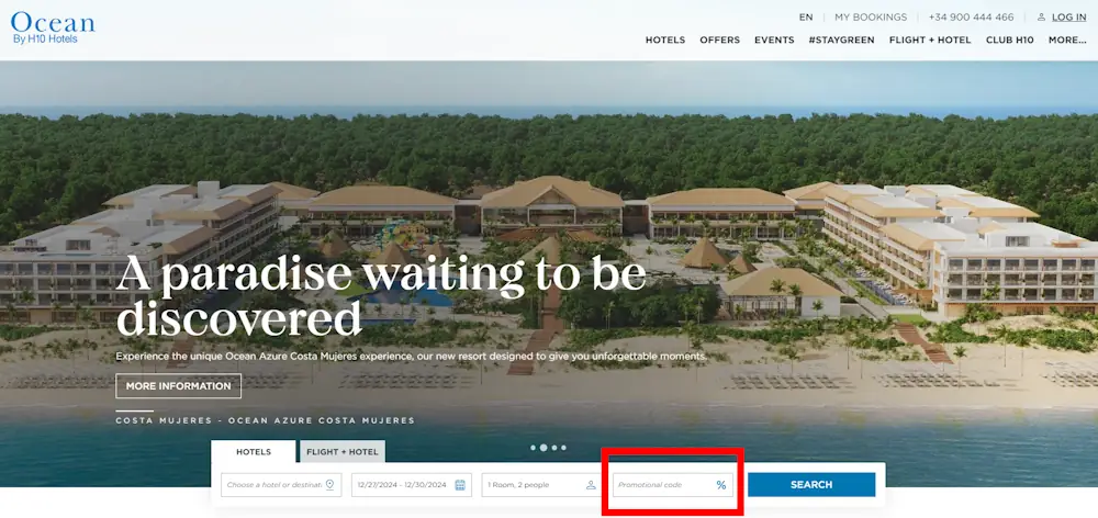 Screenshot of where to put a Ocean Hotels discount code on www.oceanhotels.com