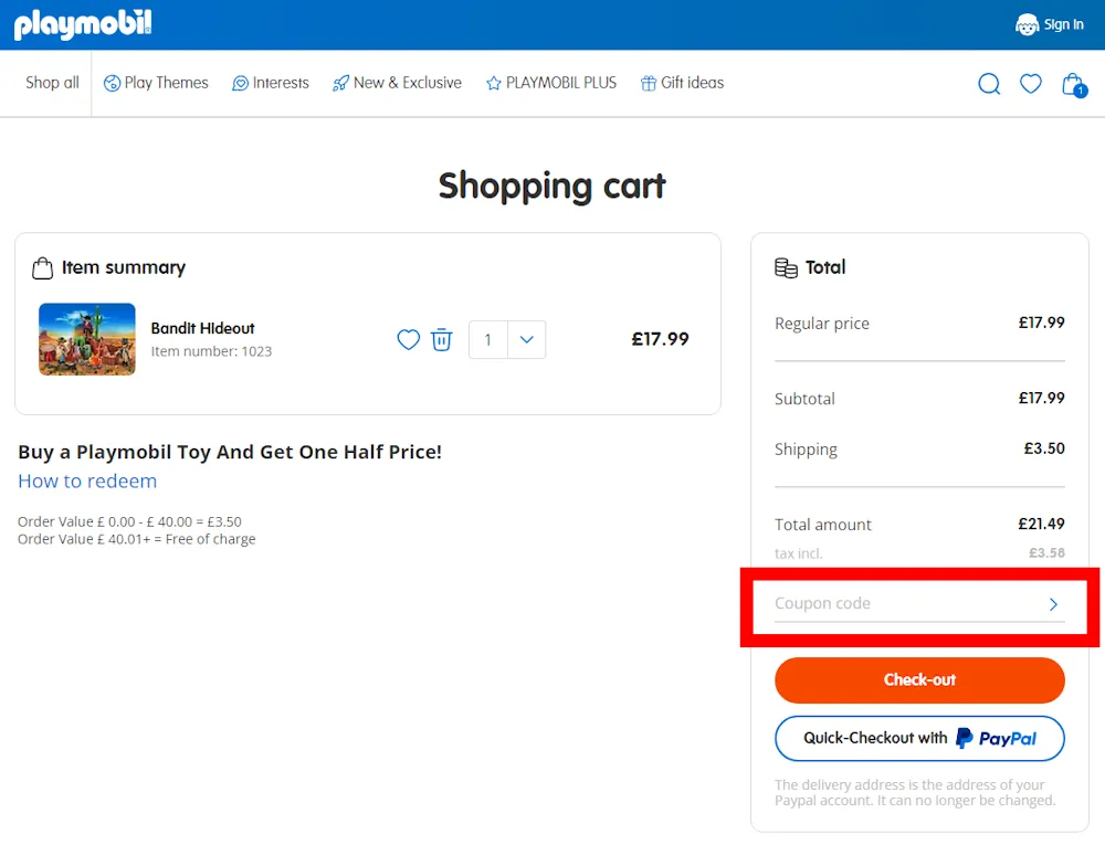 Screenshot of where to enter a playmobil voucher code on www.playmobil.com