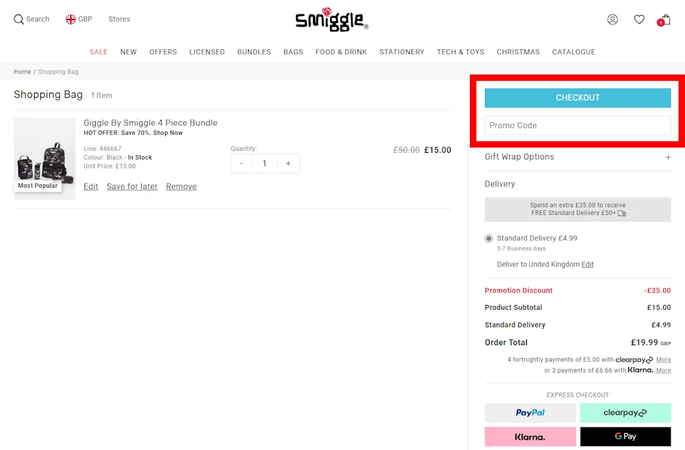 Screenshot of where to enter a smiggle voucher code on www.smiggle.co.uk