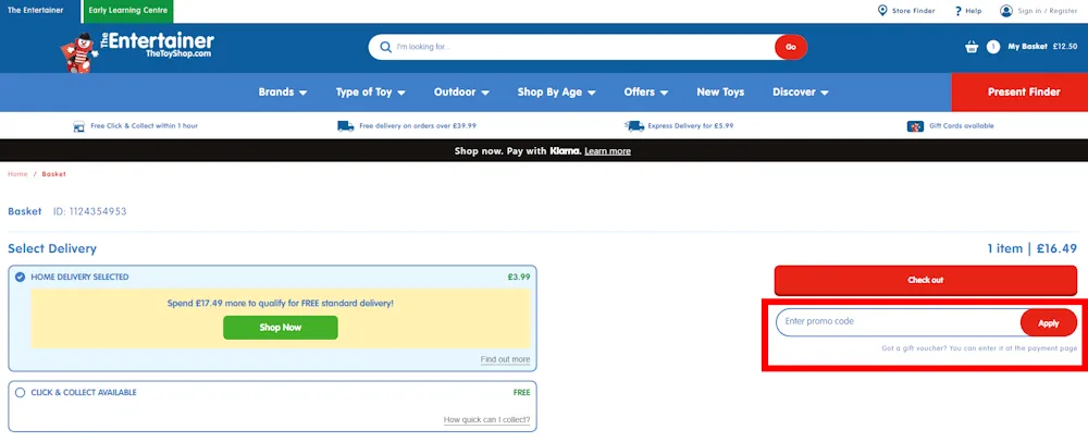 Screenshot where to put a The Entertainer voucher code on www.thetoyshop.com