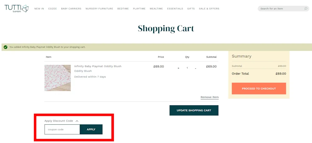 Screenshot of where to enter a tutti bambini voucher code on www.tuttibambini.com