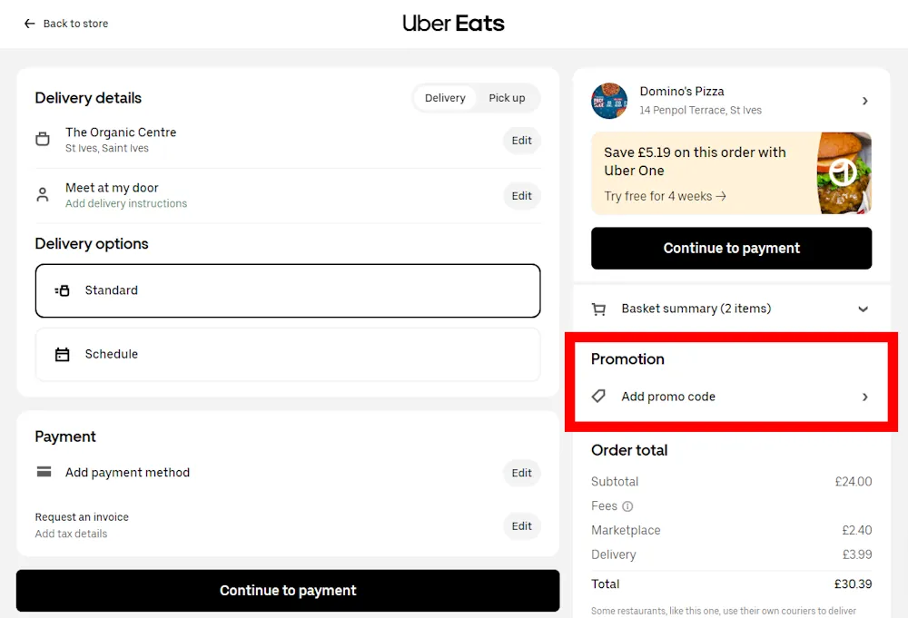 Screenshot of where to enter a Uber Eats voucher code on www.ubereats.com