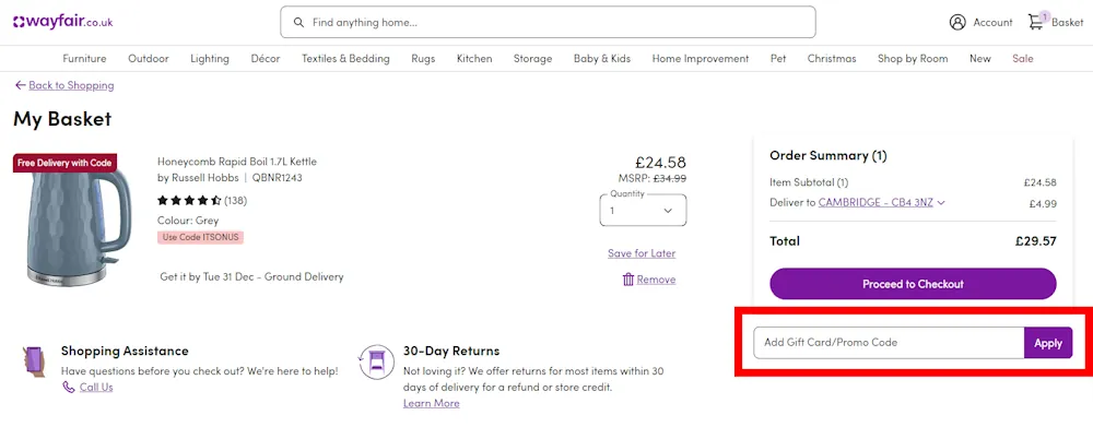Screenshot of how to use wayfair voucher codes at checkout on www.wayfair.co.uk