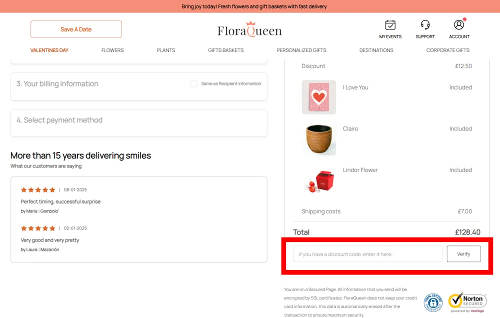 Screenshot showing where to apply a flora queen promo code during checkout on www.floraqueen.com.