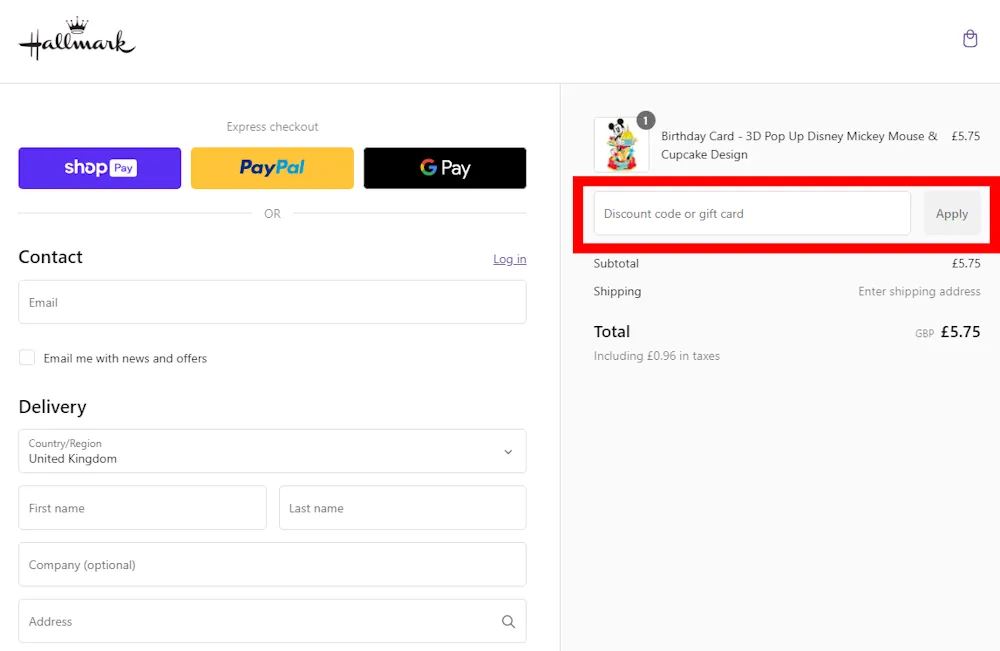 Screenshot showing where to apply a Hallmark promo code during checkout on www.hallmark.co.uk.
