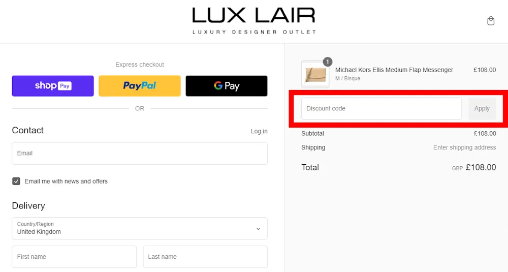 Screenshot showing where to apply a LUX LAIR code at checkout on luxlair.com