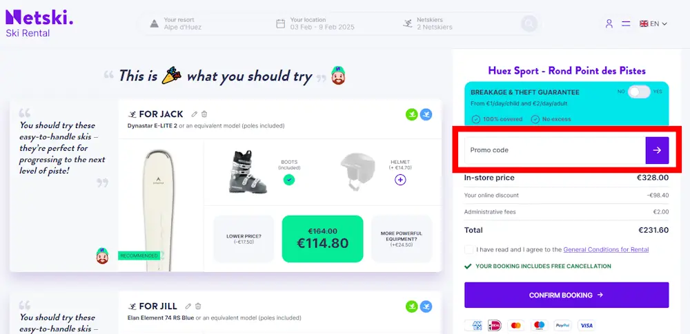 Screenshot showing where to apply a Netski promo code during checkout on www.netski.com.