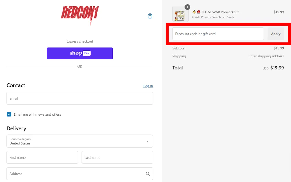 Screenshot of where to put a redcon1 discount code on redcon1.com.