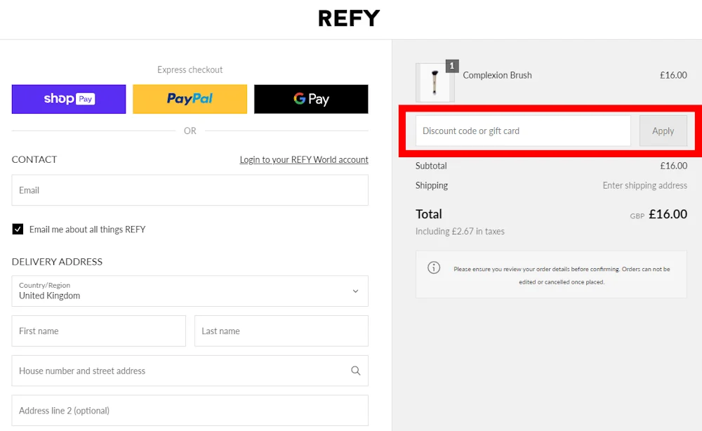 Screenshot of where to enter a Refy discount code on refybeauty.com.