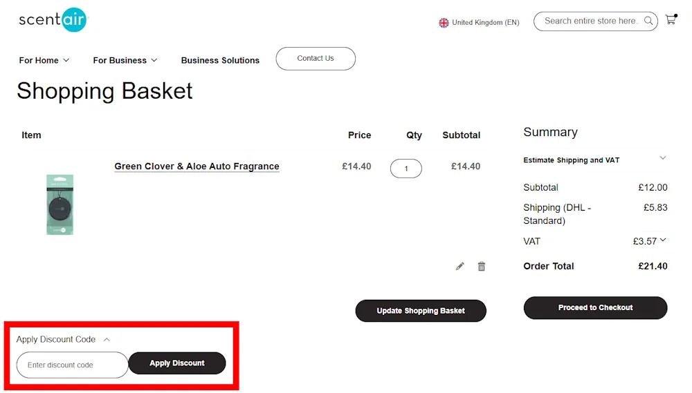 Screenshot showing where to apply a scentair promo code at checkout on www.scentair.com.