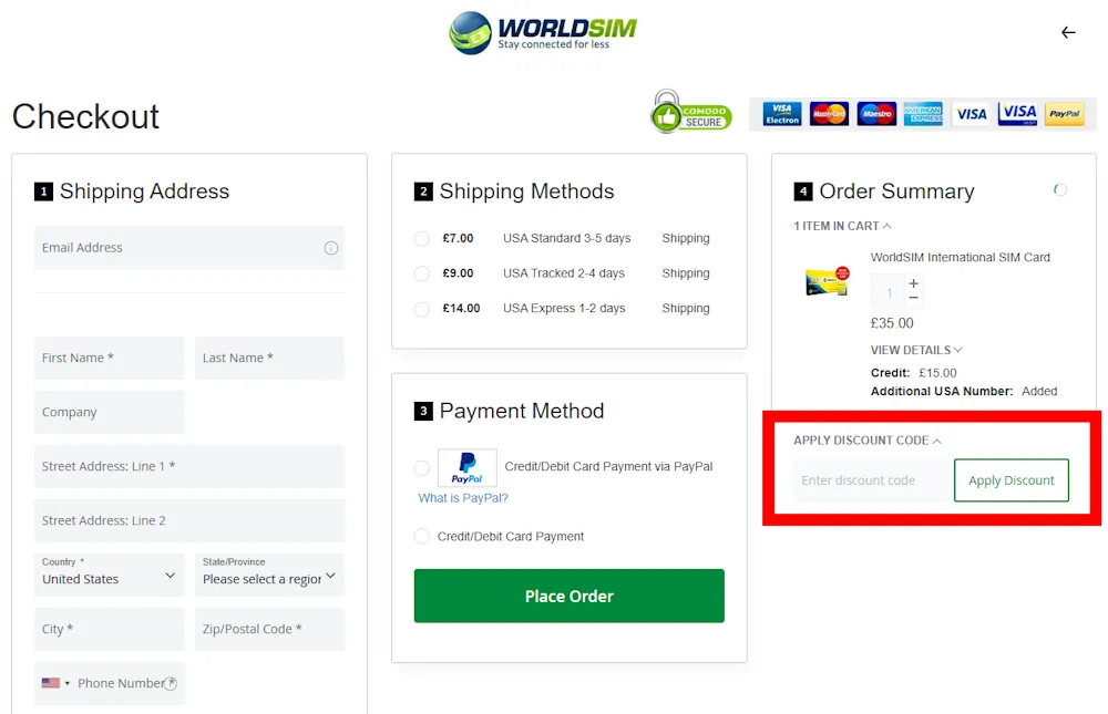 Screenshot showing where to apply a worldsim promo code during checkout on www.worldsim.com.