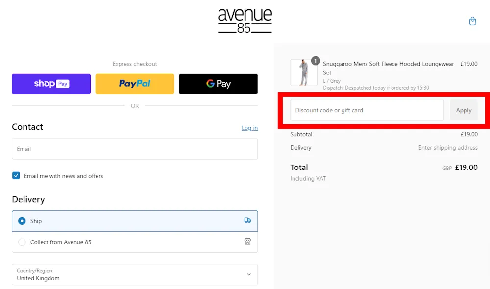 Screenshot of where to enter a avenue 85 voucher code on avenue85.co.uk