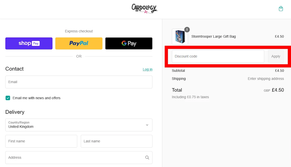 Screenshot showing where to apply a Cardology promo code during checkout on cardology.co.uk.