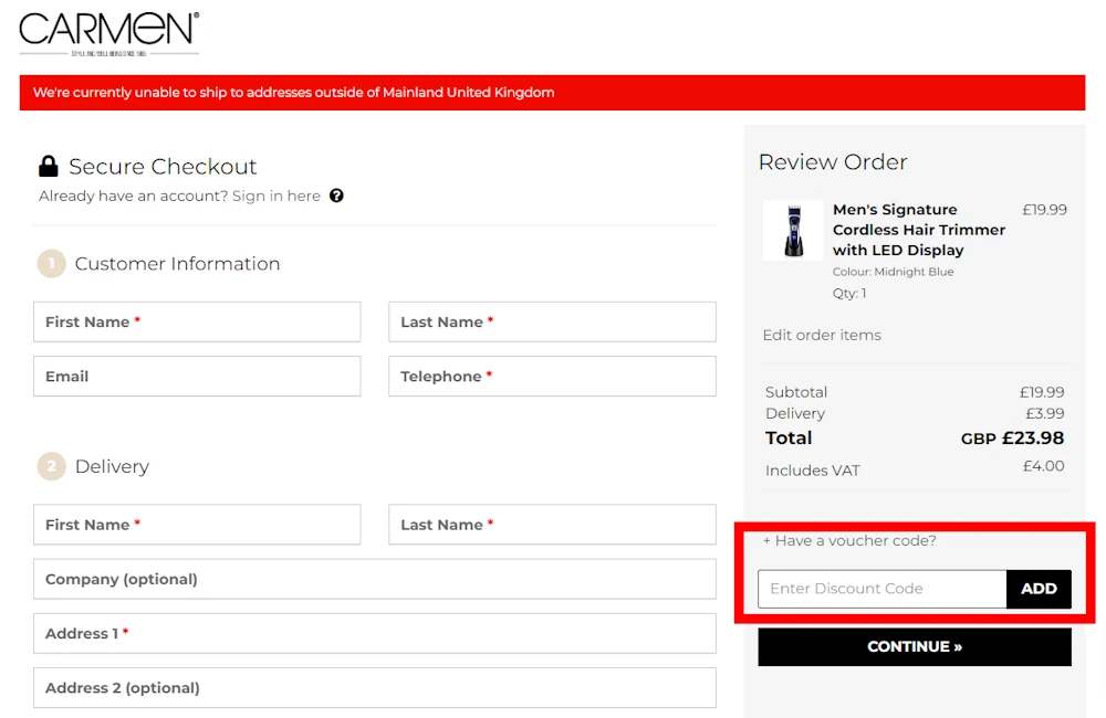 Screenshot showing where to apply a Carmen Products promo code during checkout on carmen-products.co.uk