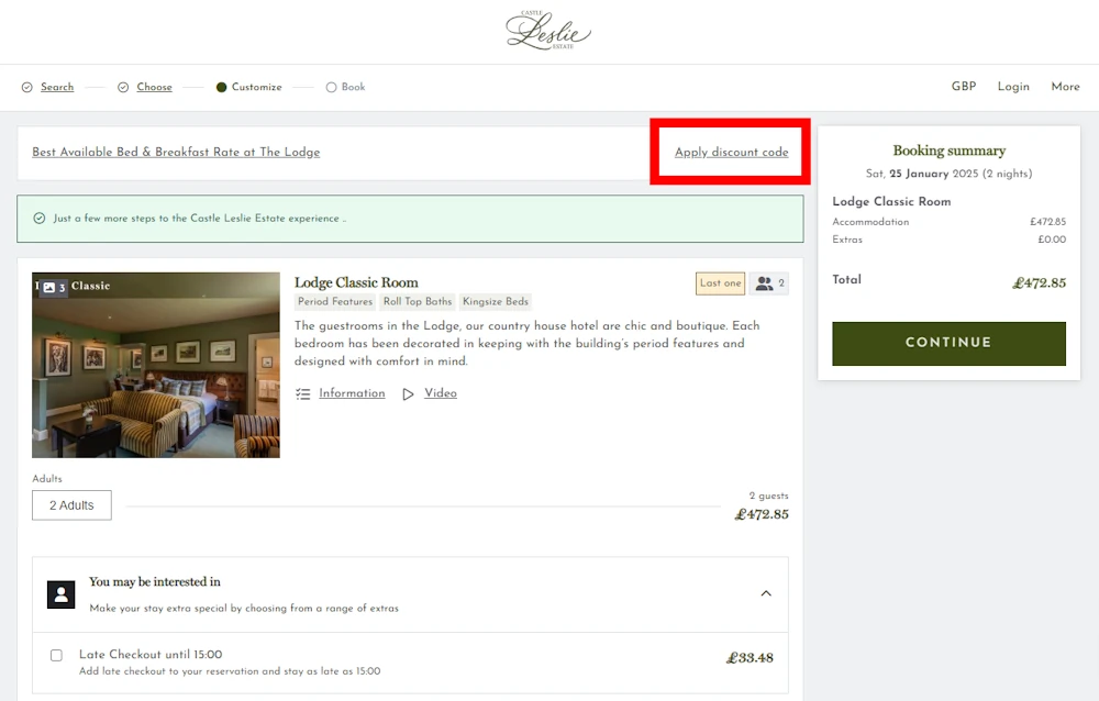 Screenshot showing where to apply a Castle Leslie Estate promo code during checkout on www.castleleslie.com.