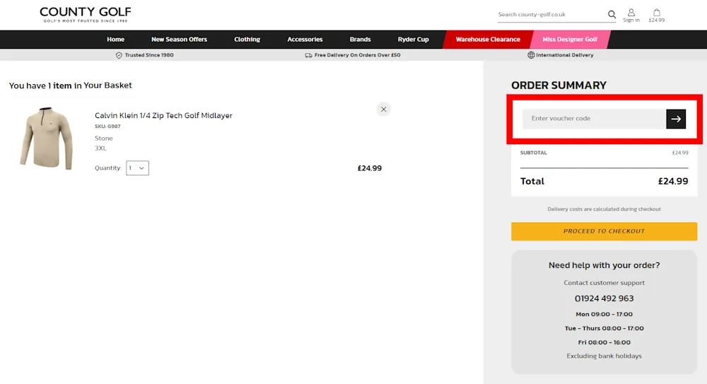Instructions on how to enter our verified discount code for County Golf on county-golf.co.uk.